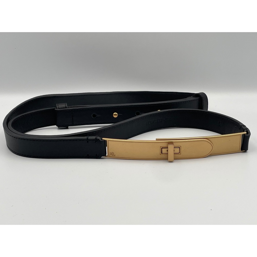 Lauren Ralph Lauren Black Leather Turn-Lock Waist Belt Gold Hardware 2X NWOT